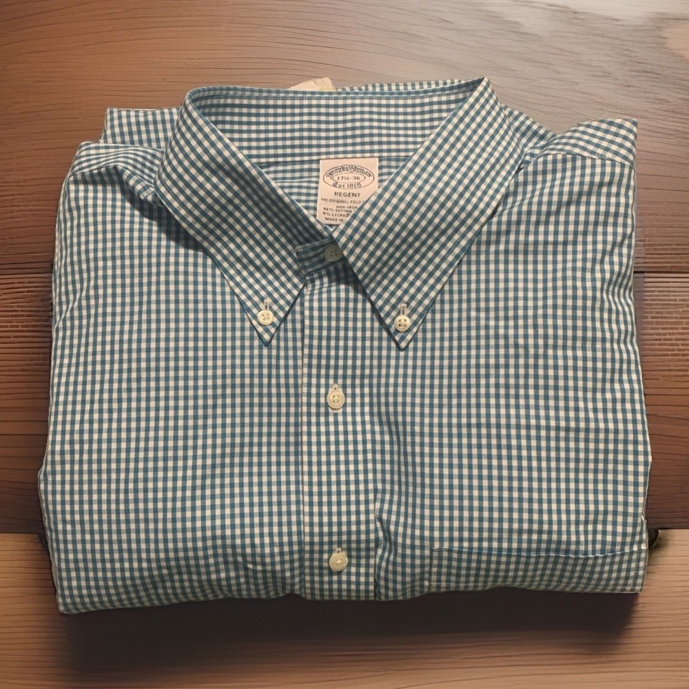 Brooks Brothers Dress Shirt Mens 17.5 36 XL Regent Fit Teal Gingham Check NWT